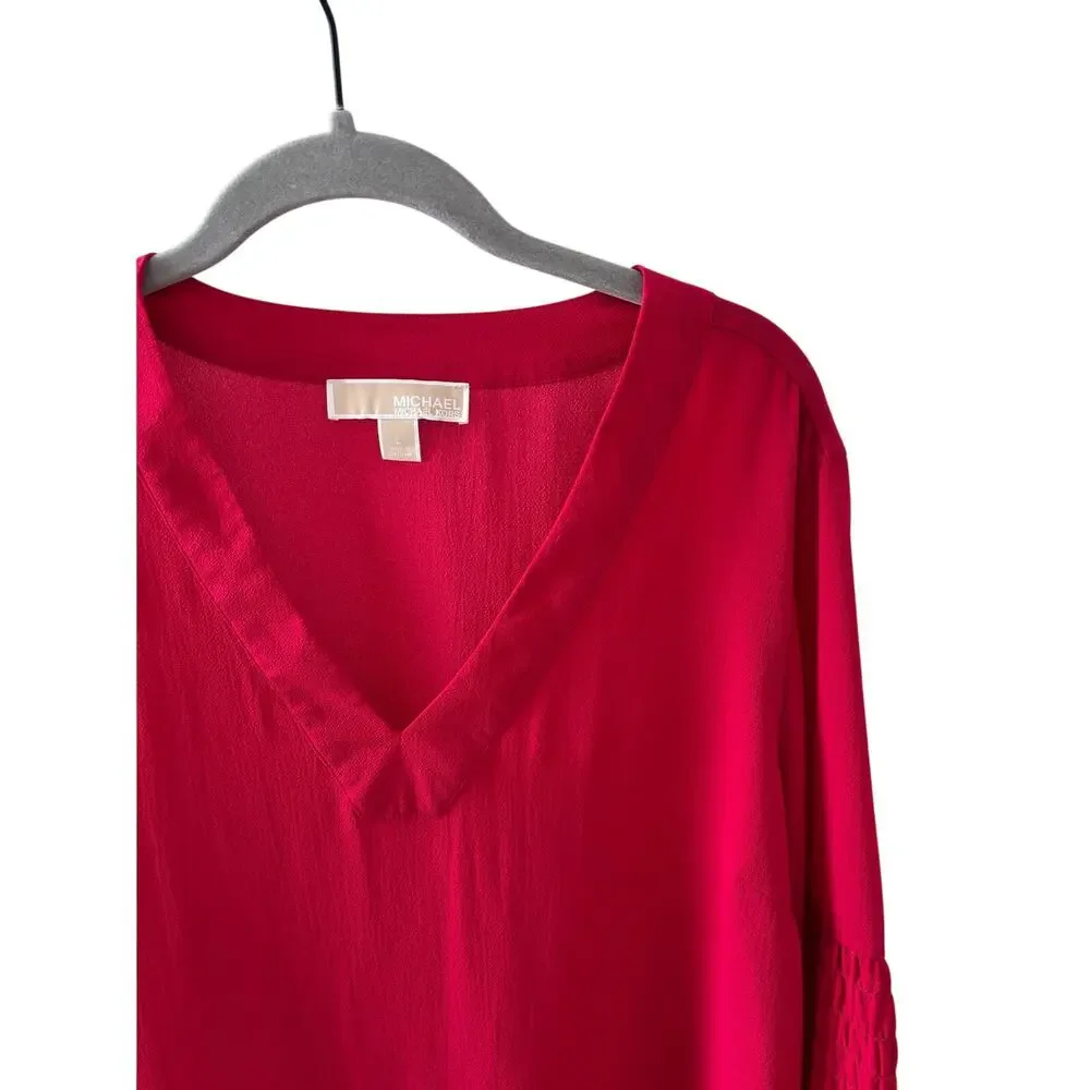 Michael Michael Kors Red V-Neck Blouse Womens Large Long Sleeve Smocked Sleeve - Picture 5 of 10